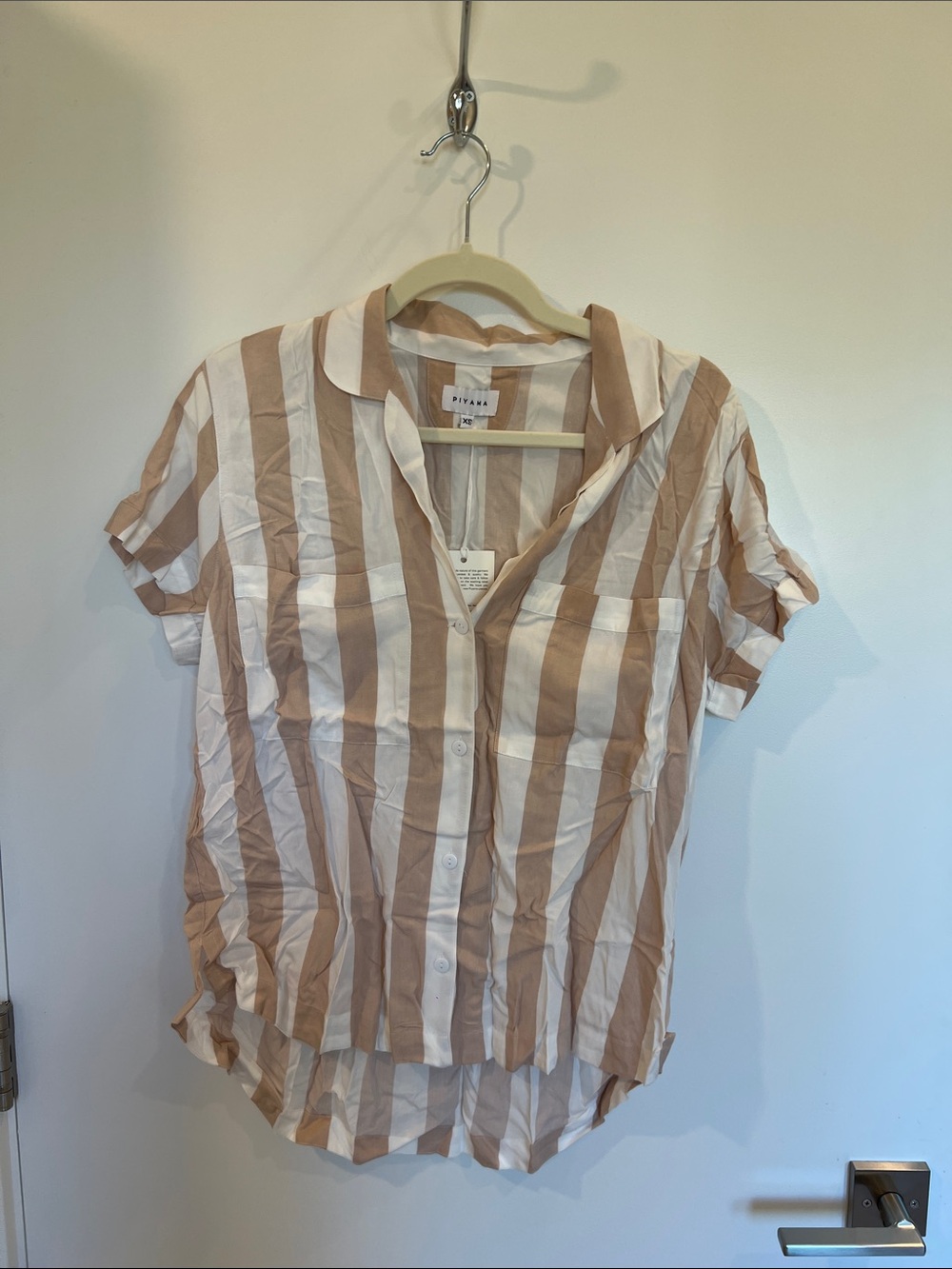 Striped Button-Front Sleep Shirt in Beige and White and matching shorts